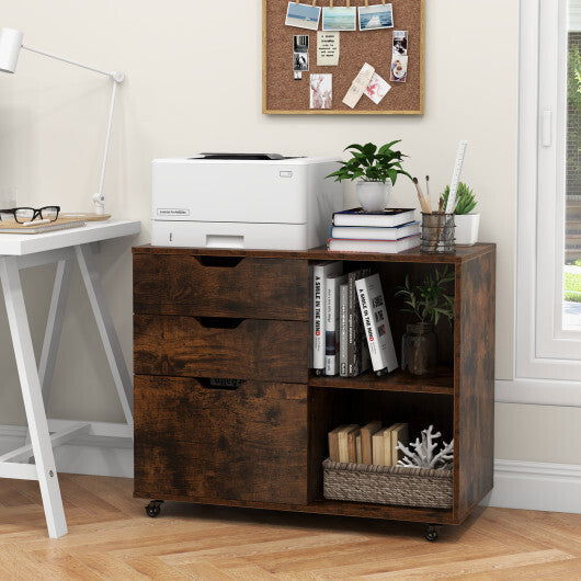 3-Drawer File Cabinet with Adjustable Shelf and Wheels for Letter-Rustic Brown W2B