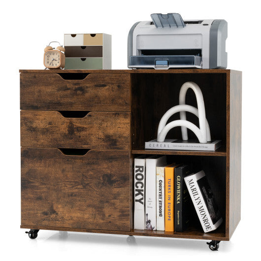 3-Drawer File Cabinet with Adjustable Shelf and Wheels for Letter-Rustic Brown W2B