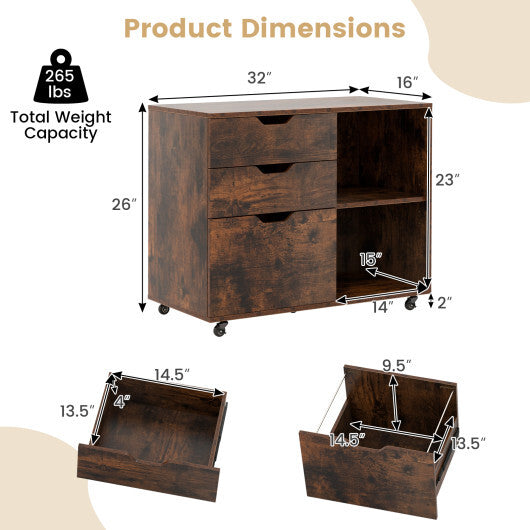 3-Drawer File Cabinet with Adjustable Shelf and Wheels for Letter-Rustic Brown W2B