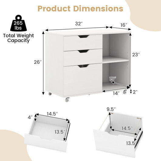 3-Drawer File Cabinet with Adjustable Shelf and Wheels for Letter-Rustic Brown W2B