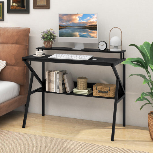 Space Saving Computer Desk with Monitor Stand and Extra Storage Shelf for Work Study-Black W2B