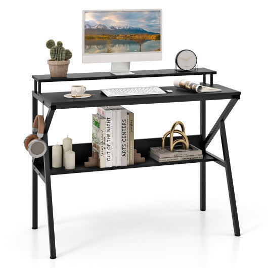 Space Saving Computer Desk with Monitor Stand and Extra Storage Shelf for Work Study-Black W2B