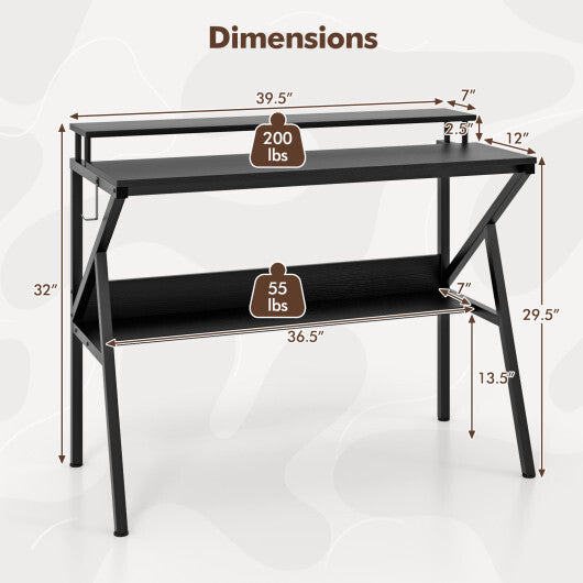 Space Saving Computer Desk with Monitor Stand and Extra Storage Shelf for Work Study-Black W2B