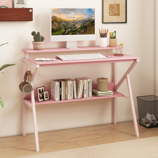 Space Saving Computer Desk with Monitor Stand and Extra Storage Shelf for Work Study-Black W2B