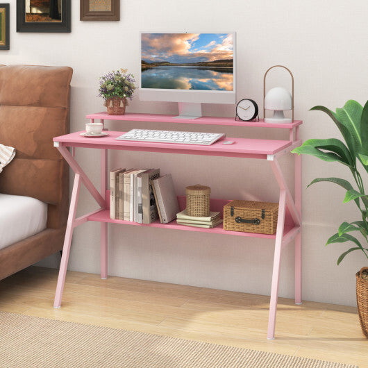 Space Saving Computer Desk with Monitor Stand and Extra Storage Shelf for Work Study-Black W2B