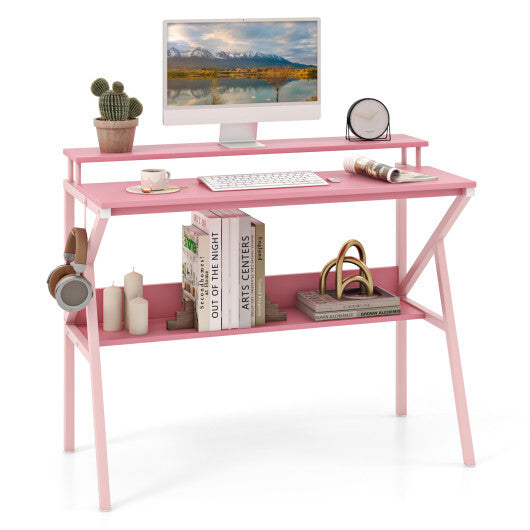 Space Saving Computer Desk with Monitor Stand and Extra Storage Shelf for Work Study-Black W2B