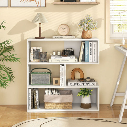 Concave Bookshelf with 3 Open Shelves & Anti-Toppling Device for Living Room-White W2B