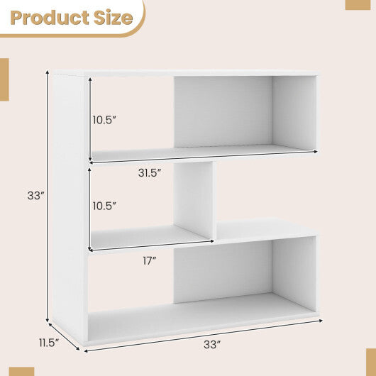 Concave Bookshelf with 3 Open Shelves & Anti-Toppling Device for Living Room-White W2B