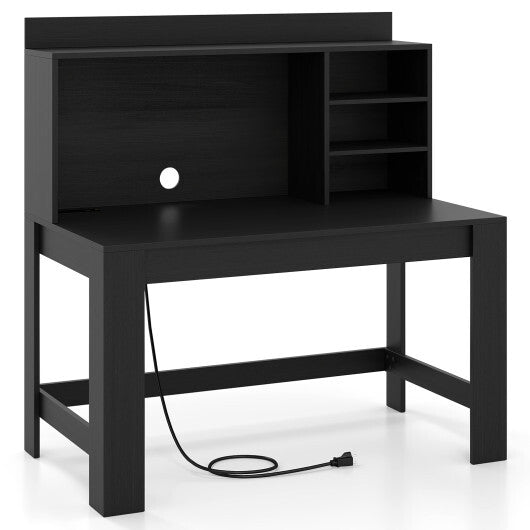 Modern Computer Desk with Hutch and Storage Shelves-Black
