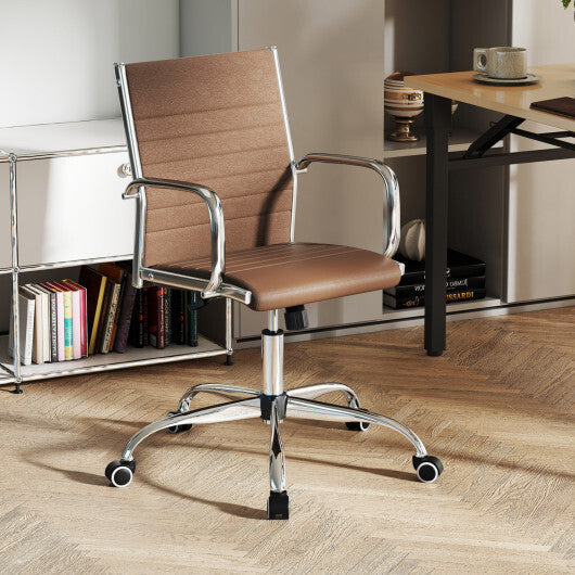 Office Chair Height Adjustable Conference Room Chair with Rocking Backrest Armrests-Brown W2B