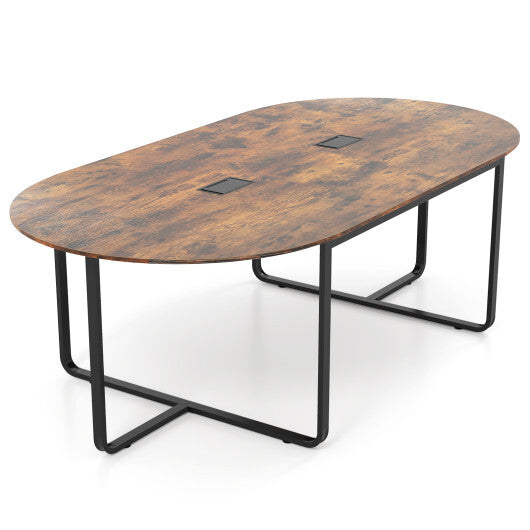 95 Inches Oval Conference Industrial Executive Table with Dual Cable Holes-Rustic Brown