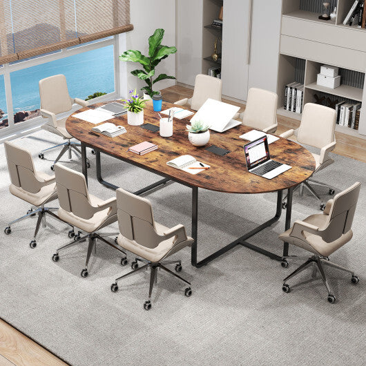 95 Inches Oval Conference Industrial Executive Table with Dual Cable Holes-Rustic Brown
