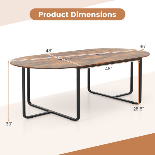 95 Inches Oval Conference Industrial Executive Table with Dual Cable Holes-Rustic Brown