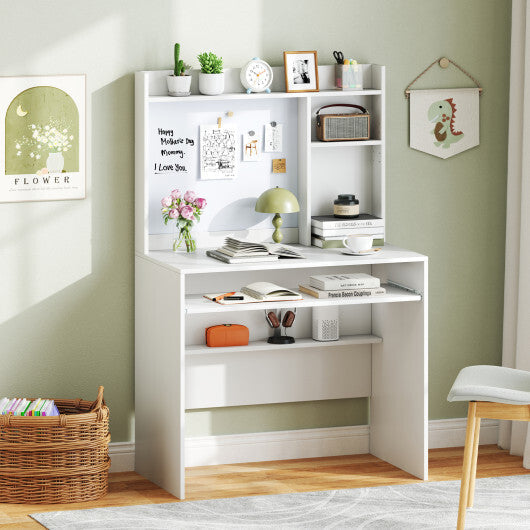 Compact Office Computer Desk with Hutch Magnetic Whiteboard-White W2B