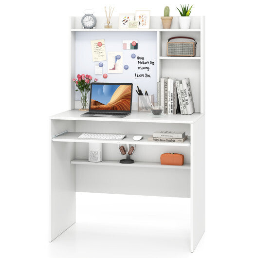 Compact Office Computer Desk with Hutch Magnetic Whiteboard-White W2B