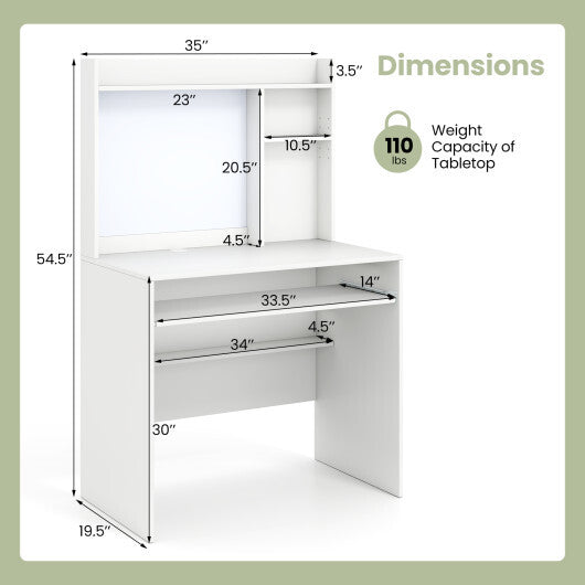 Compact Office Computer Desk with Hutch Magnetic Whiteboard-White W2B