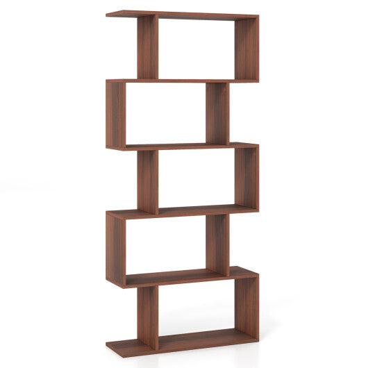 5-Tier S-Shaped Bookshelf with Anti-Tip Kit for Living Room Home Office-Walnut W2B