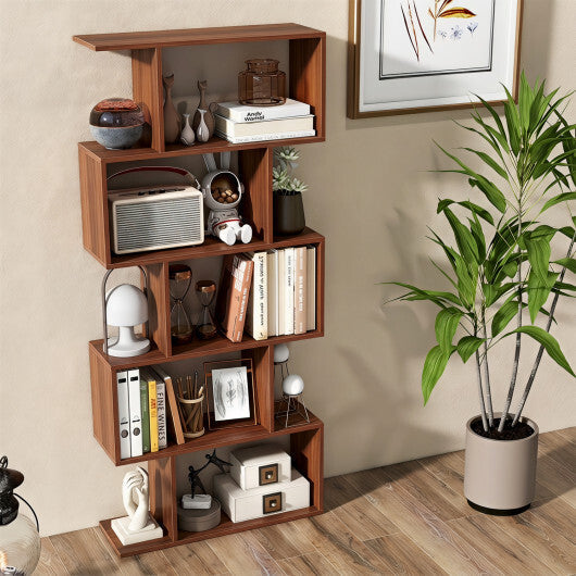 5-Tier S-Shaped Bookshelf with Anti-Tip Kit for Living Room Home Office-Walnut W2B