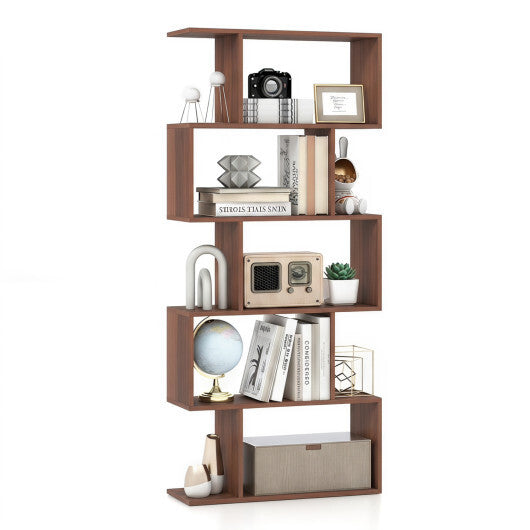 5-Tier S-Shaped Bookshelf with Anti-Tip Kit for Living Room Home Office-Walnut W2B