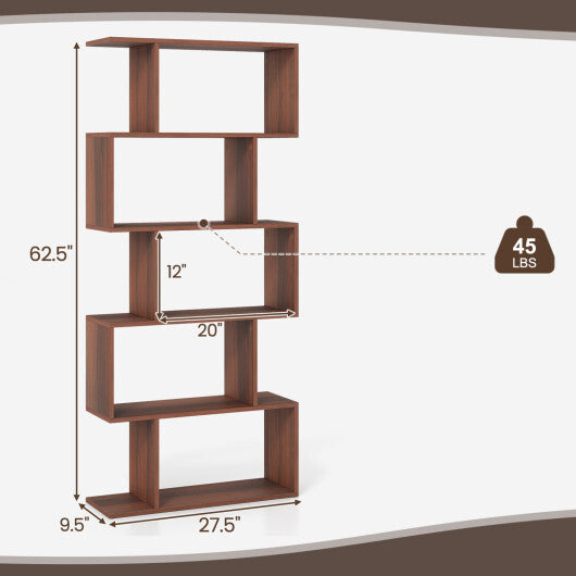 5-Tier S-Shaped Bookshelf with Anti-Tip Kit for Living Room Home Office-Walnut W2B