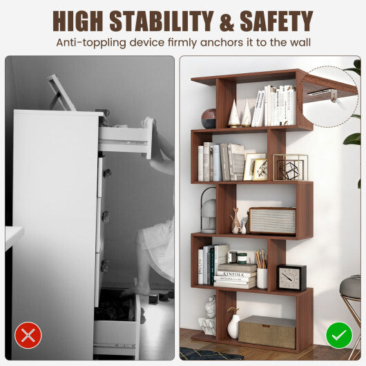 5-Tier S-Shaped Bookshelf with Anti-Tip Kit for Living Room Home Office-Walnut W2B