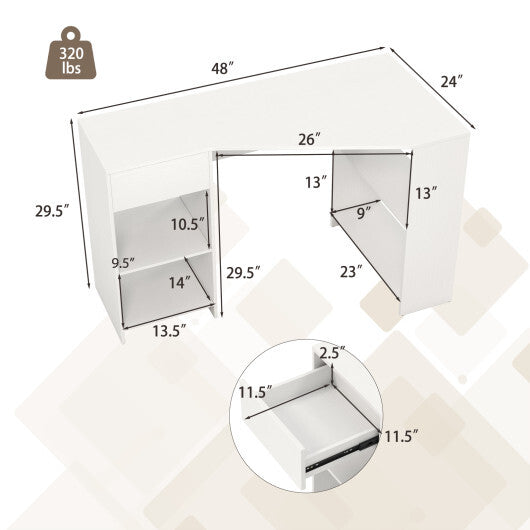 48 Inches L Shaped Corner Executive Computer Desk with Drawer-White W2B
