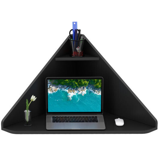 Floating Triangular Corner Computer Desk with Storage Shelf-Black