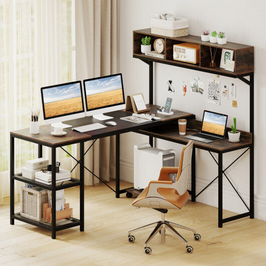 L-Shaped Computer Desk with Power Outlets 62 Inches Corner Desk with Storage Hutch-Brown W2B