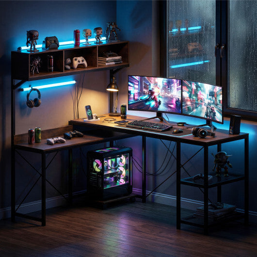 L-Shaped Computer Desk with Power Outlets 62 Inches Corner Desk with Storage Hutch-Brown W2B