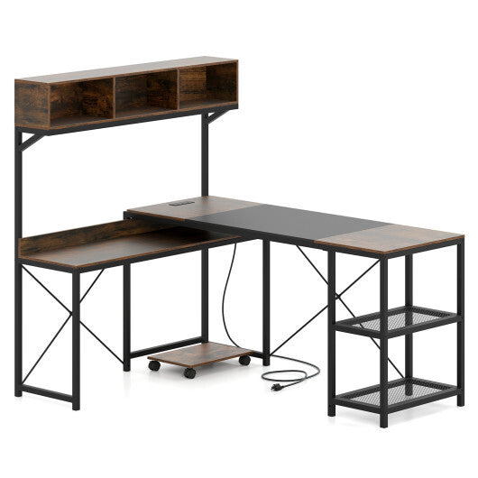 L-Shaped Computer Desk with Power Outlets 62 Inches Corner Desk with Storage Hutch-Brown W2B