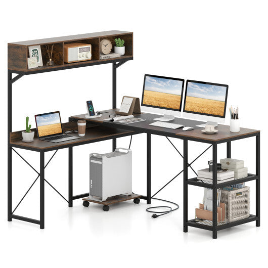 L-Shaped Computer Desk with Power Outlets 62 Inches Corner Desk with Storage Hutch-Brown W2B