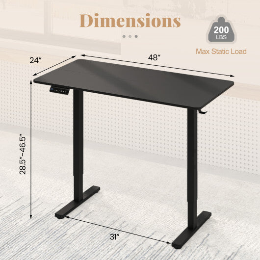 48 Inch x 24 Inch Ergonomic Electric Standing Desk with 3 Memory Settings for Home Office-Black