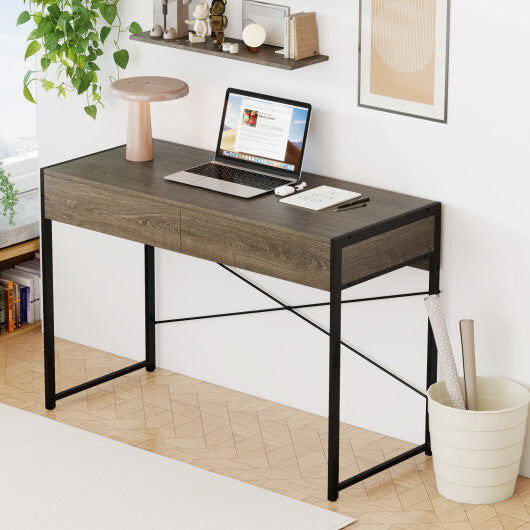 Computer Desk with 2 Drawers 44 Inch Home Office Desk with Metal Frame-Oak