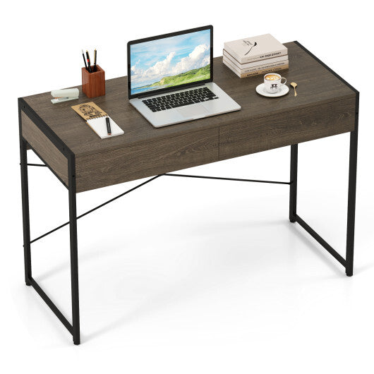 Computer Desk with 2 Drawers 44 Inch Home Office Desk with Metal Frame-Oak