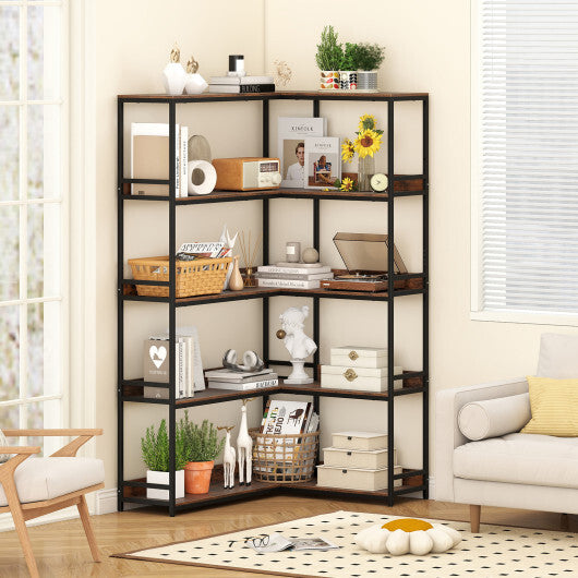 Corner Bookshelf 5-Tier L-Shaped Bookcase Etagere Bookshelf with Metal Frame-Rustic Brown