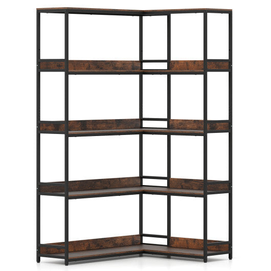 Corner Bookshelf 5-Tier L-Shaped Bookcase Etagere Bookshelf with Metal Frame-Rustic Brown