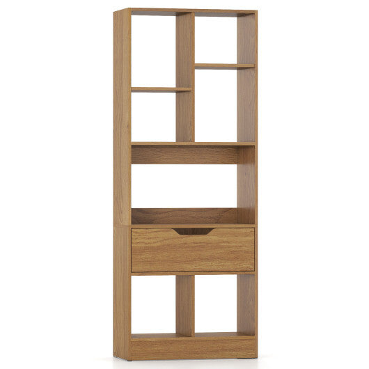 51inch Tall Freestanding Bookcase with Drawer 7-Cube Storage Organizer-Natural