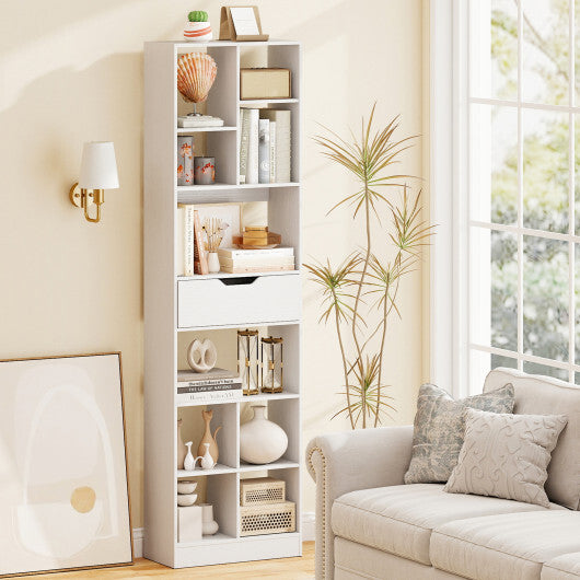 71inch Tall Freestanding Bookcase with Drawer 10-Cube Storage Organizer-White