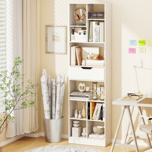 71inch Tall Freestanding Bookcase with Drawer 10-Cube Storage Organizer-White
