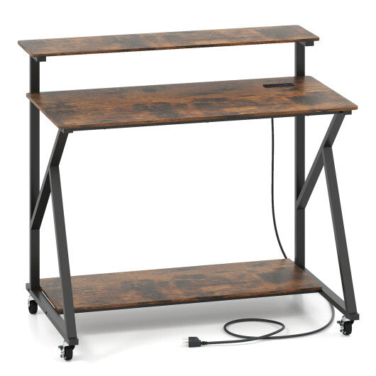 Rolling Computer Desk with Charging Station and Monitor Shelf Storage for Home Office-Rustic Brown
