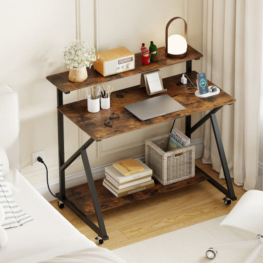 Rolling Computer Desk with Charging Station and Monitor Shelf Storage for Home Office-Rustic Brown W2B