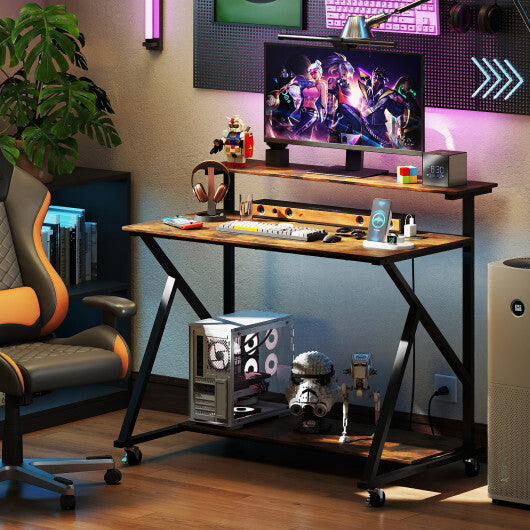 Rolling Computer Desk with Charging Station and Monitor Shelf Storage for Home Office-Rustic Brown