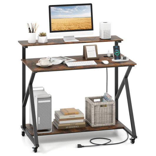 Rolling Computer Desk with Charging Station and Monitor Shelf Storage for Home Office-Rustic Brown