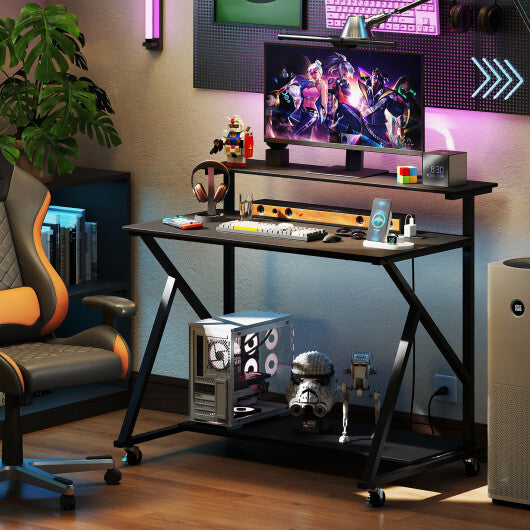 Rolling Computer Desk with Charging Station and Monitor Shelf Storage for Home Office-Rustic Brown