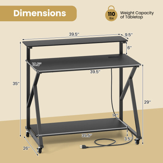 Rolling Computer Desk with Charging Station and Monitor Shelf Storage for Home Office-Rustic Brown