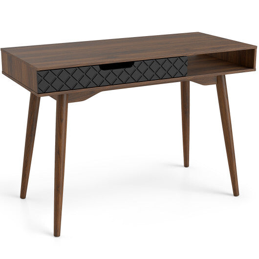 Mid-Century Modern Computer Desk with Drawer and Open Compartment-Brown