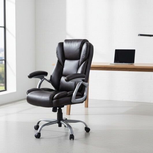 Executive Office Chair Leather Ergonomic Computer Desk Chair with Padded Seat and Armrests-Brown W2B