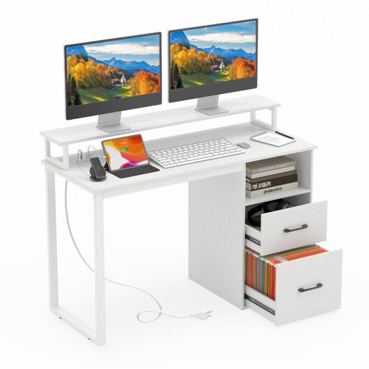 Modern Computer Desk with Power Outlets and File Drawer-White W2B