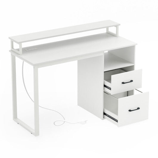 Modern Computer Desk with Power Outlets and File Drawer-White W2B