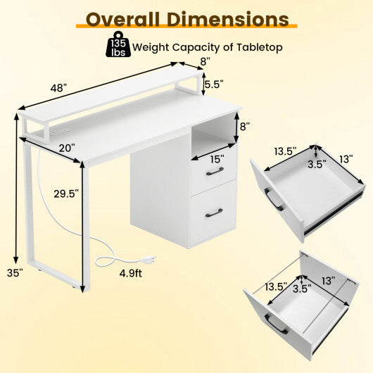 Modern Computer Desk with Power Outlets and File Drawer-White W2B